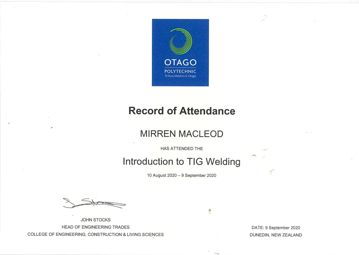 Certificate to Tig Welding